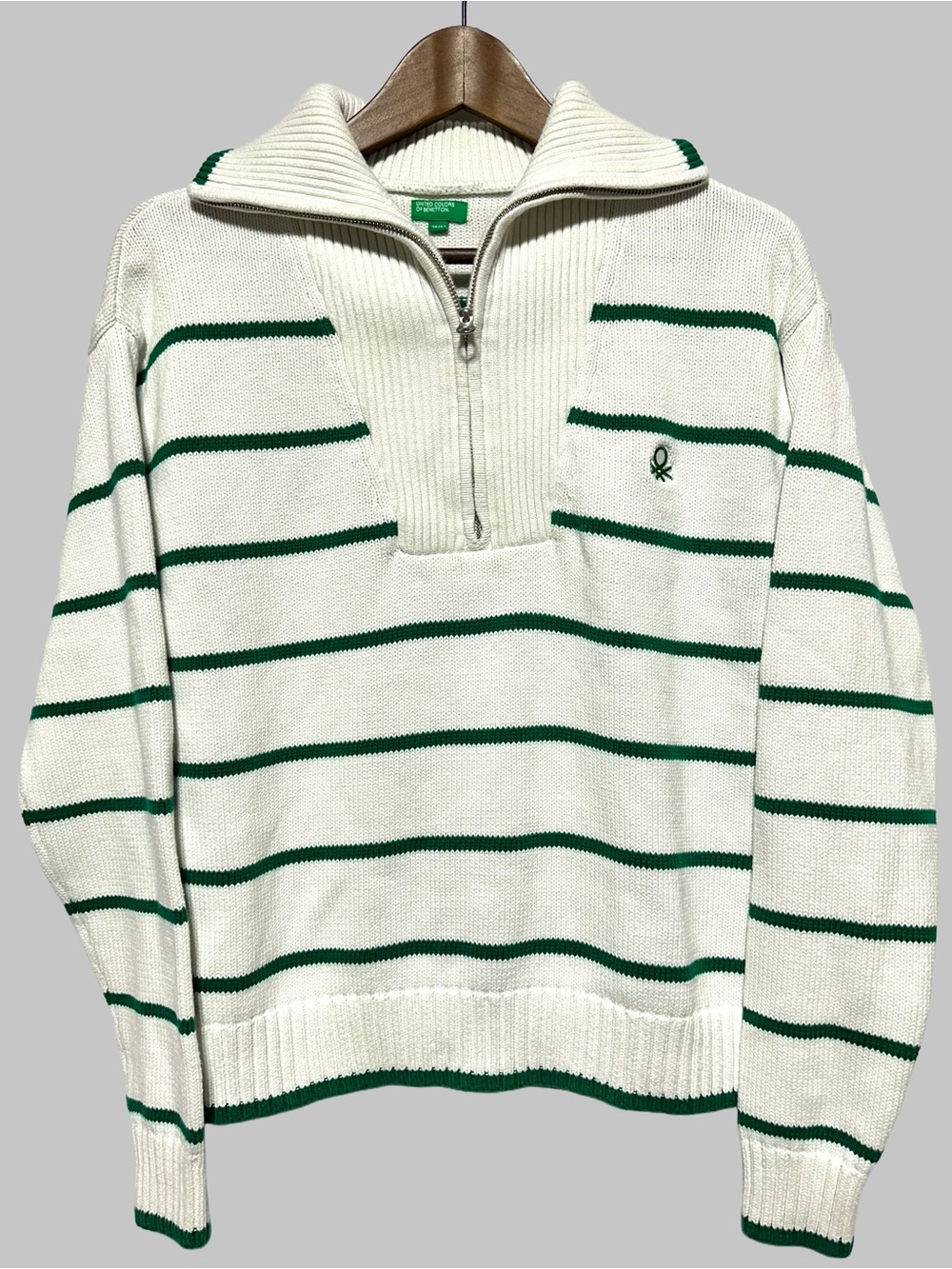 United Colors of Benetton Green Stripe 1/4 Zip Cotton Sweater M Preppy
